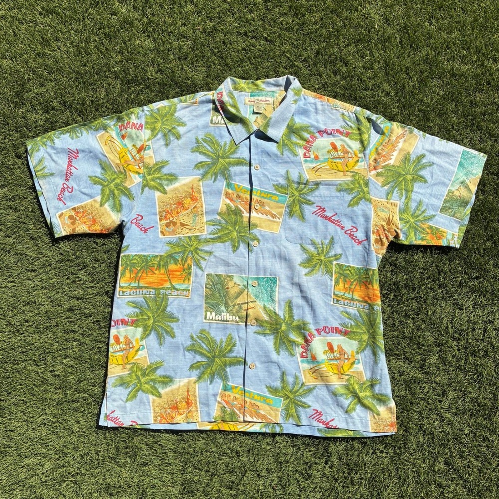 Tommy Bahama Men XL Silk California Postcard Surf Shirt Blue Malibu Laguna Beach